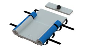 A white and blue table with two black handles.