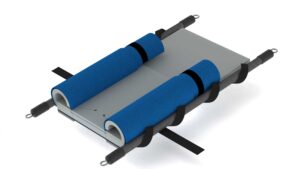 A blue and gray bed with two pillows on it